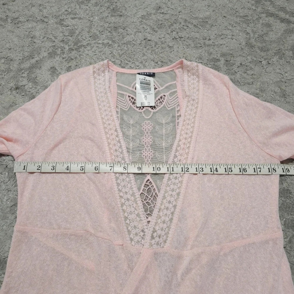TORRID Nwt 3/4 Sleeve Lace Back Open Front Knit Cardigan, Peach Pink, 00 , M/L - Picture 11 of 16
